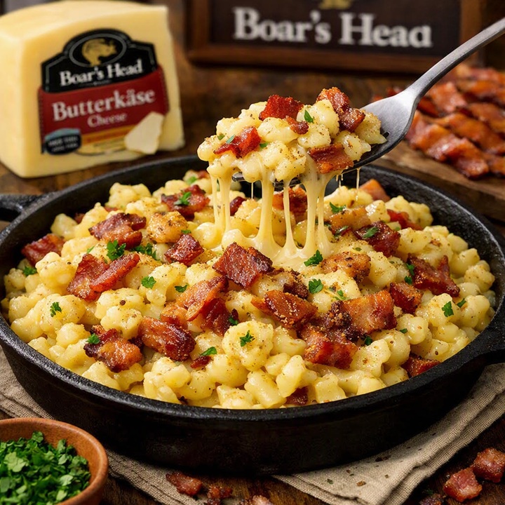 Kasespaetzle with ButterKase Cheese and Naturally Smoked Bacon