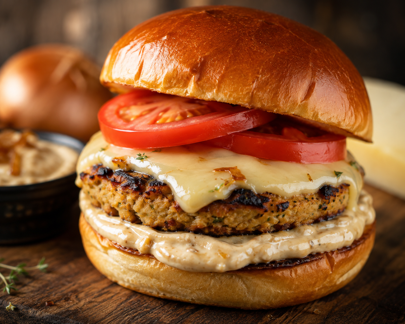 Traditional Hummus Burger with French Onion Dip & Smoked Gruyere